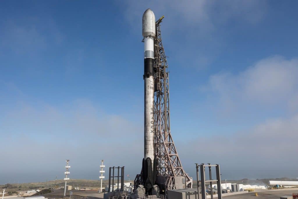 SpaceX’s Falcon 9 preparing to launch the Transporter-14 mission, carrying Lacuna’s newest satellites into orbit. Photo by SpaceX