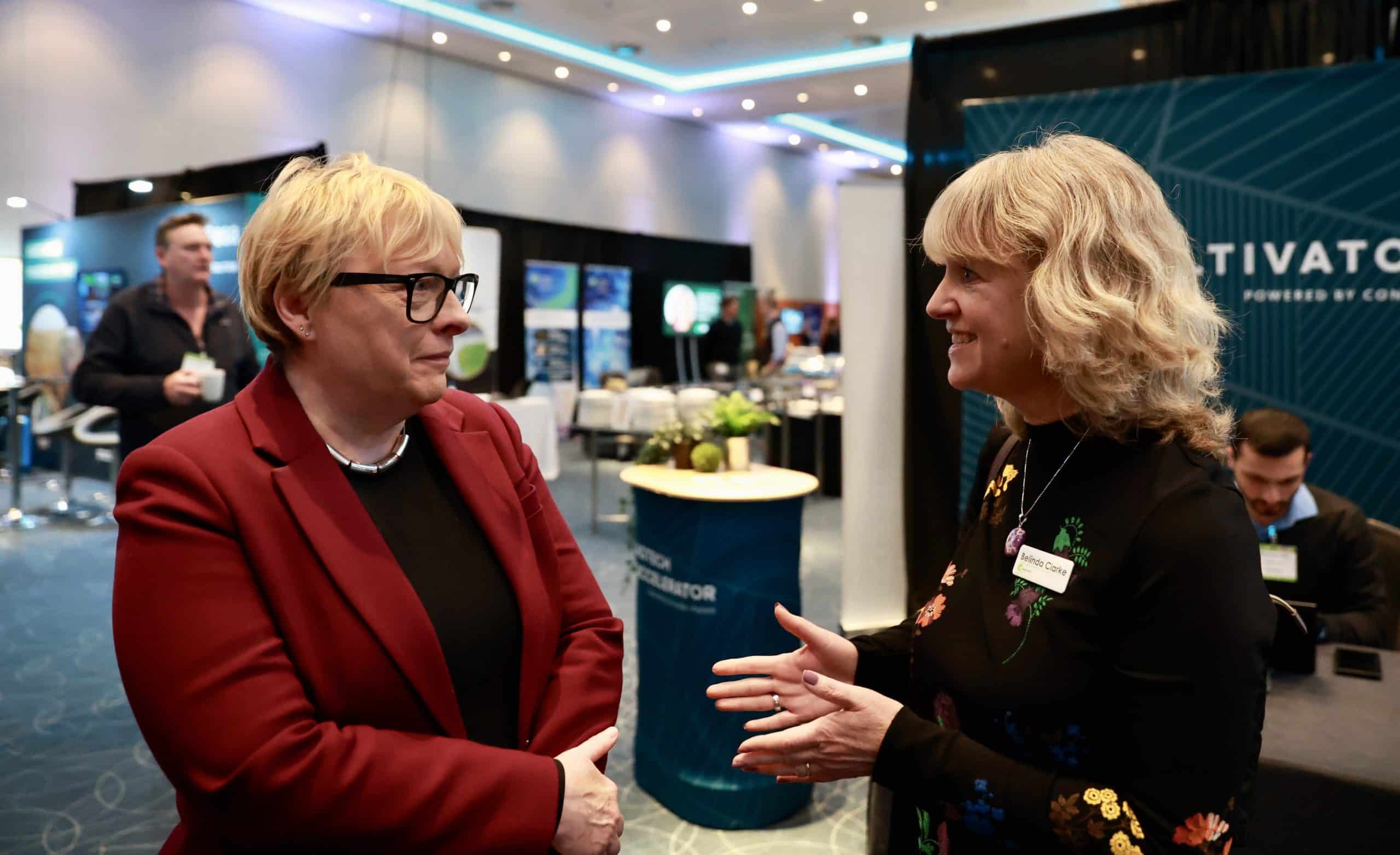 Minister for Food Security and Rural Affairs, Dame Angela Eagle, talking with Agri-TechE Director, Dr Belinda Clarke.