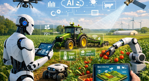 AI farm image with tech, robots and drones